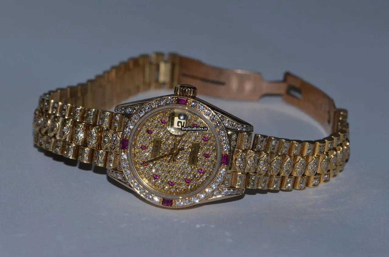 Fabulous Fake Rolex Datejust Self Winding Automatic 26mm Yellow Gold Case Womens Watch - Image 5