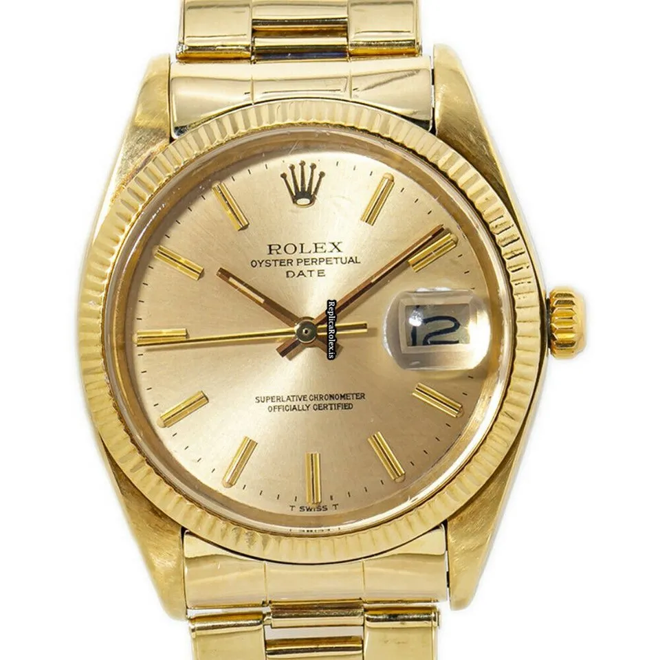 Pleasing Fake Rolex Oyster Perpetual Date 1503 Automatic Movement 34mm Yellow Gold Case Mens/unisex Watch - Image 4