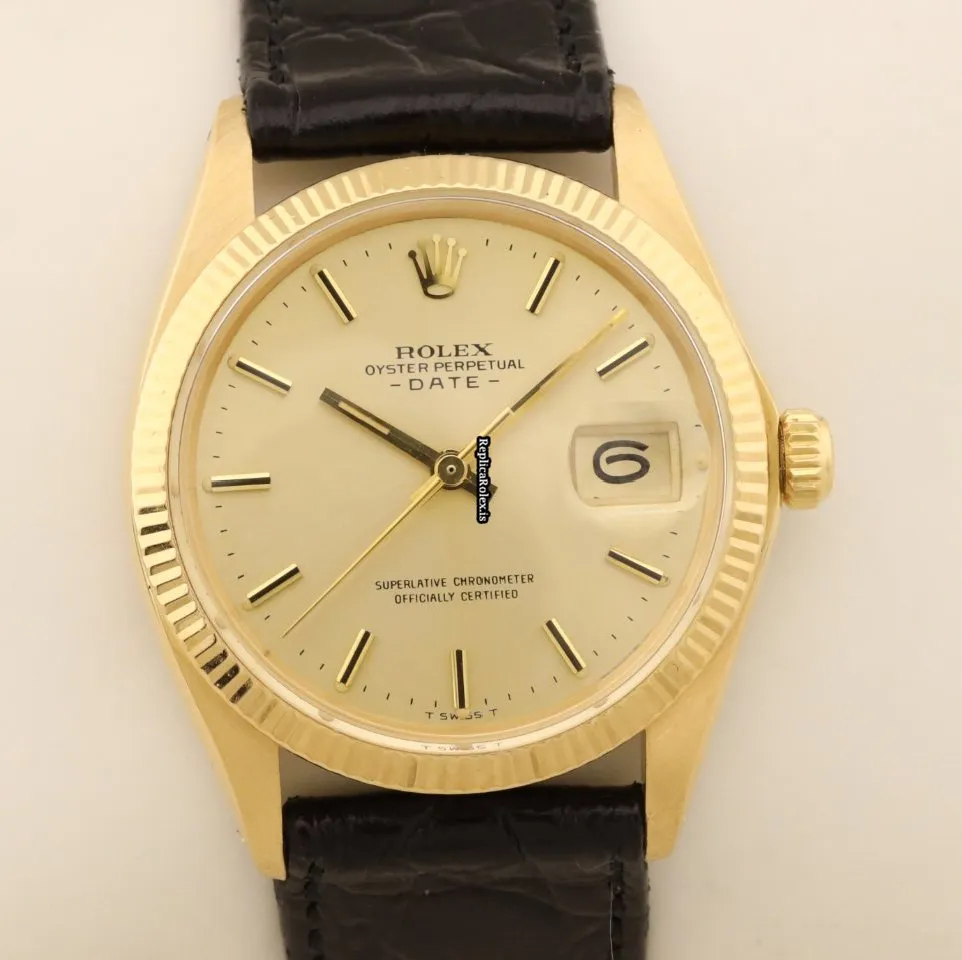 Trustworthy Replica Rolex Oyster Perpetual Date 1503 Caliber 1570 Automatic Movement 34mm Yellow Gold Case Mens/unisex Watch - Image 4