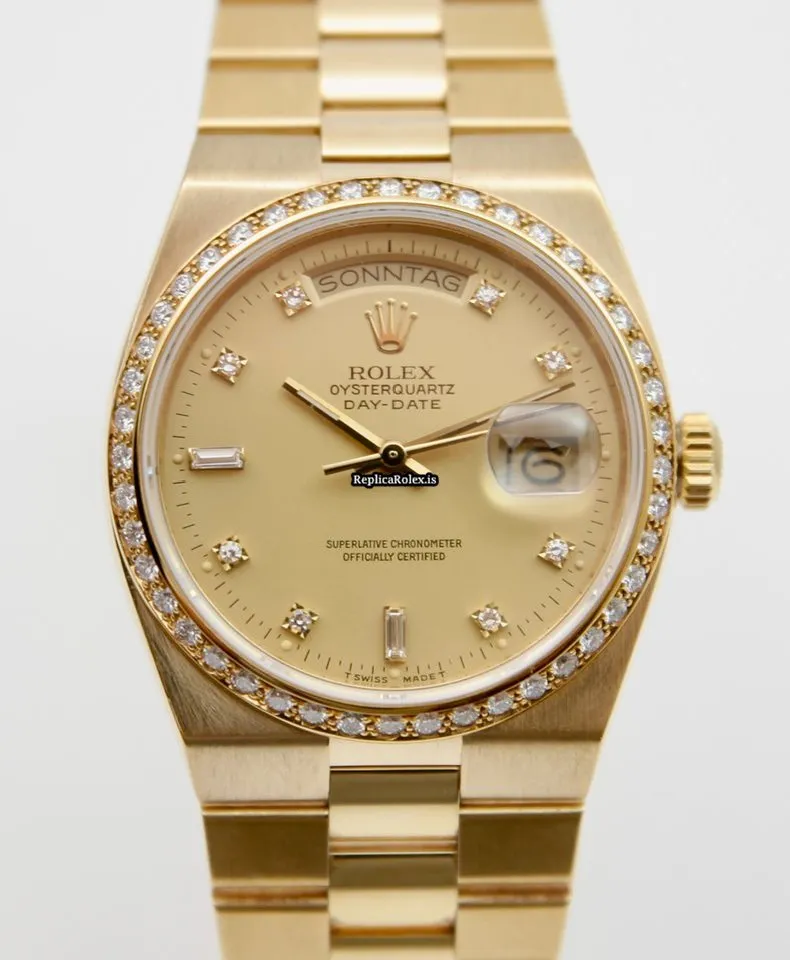 Lovely Replica Rolex Day-date Oysterquartz 19048 Caliber 5055 Quartz Movement 36mm Yellow Gold Case Mens/unisex Watch - Image 3