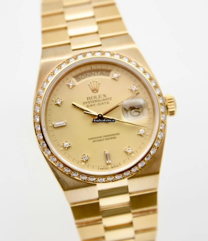 Lovely Replica Rolex Day-date Oysterquartz 19048 Caliber 5055 Quartz Movement 36mm Yellow Gold Case Mens/unisex Watch - Image 4