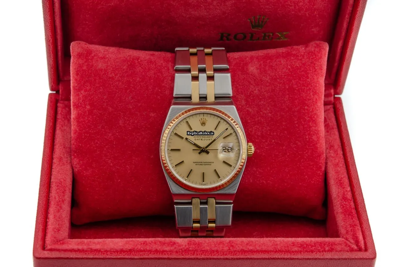 Pleasing Replica Rolex Datejust Oysterquartz 17013 Caliber 5035 Quartz Movement 36x42mm Gold/steel Case Mens/unisex Watch - Image 8