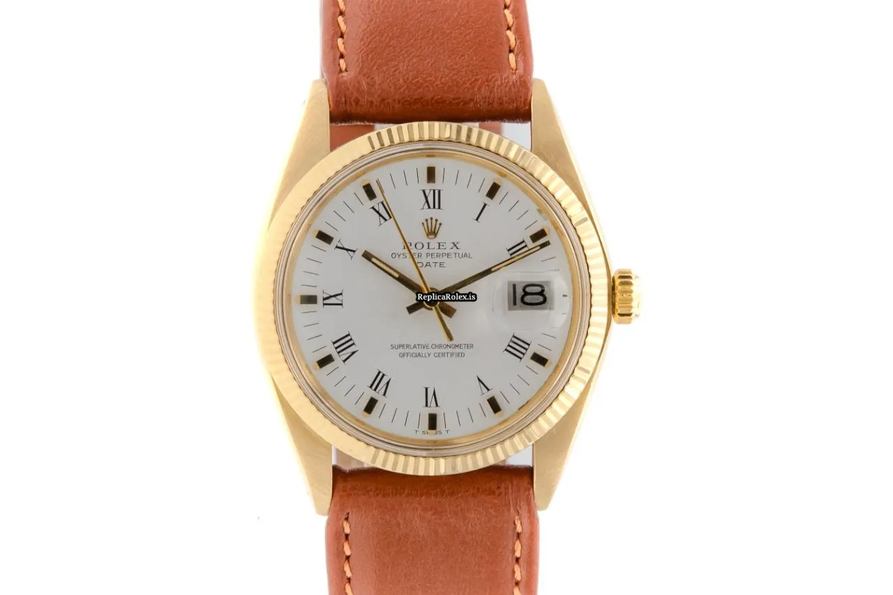 Exquisite Fake Rolex Oyster Perpetual Date 1500 Caliber 1570 Automatic Movement 34mm Yellow Gold Case Mens/unisex Watch