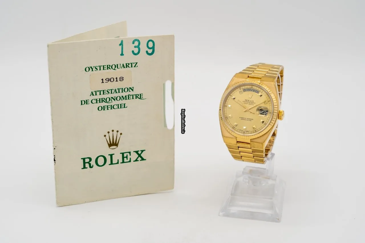Quality Fake Rolex Day-date Oysterquartz 19018 Caliber 5055 Quartz Movement 36mm Yellow Gold Case Mens/unisex Watch - Image 2