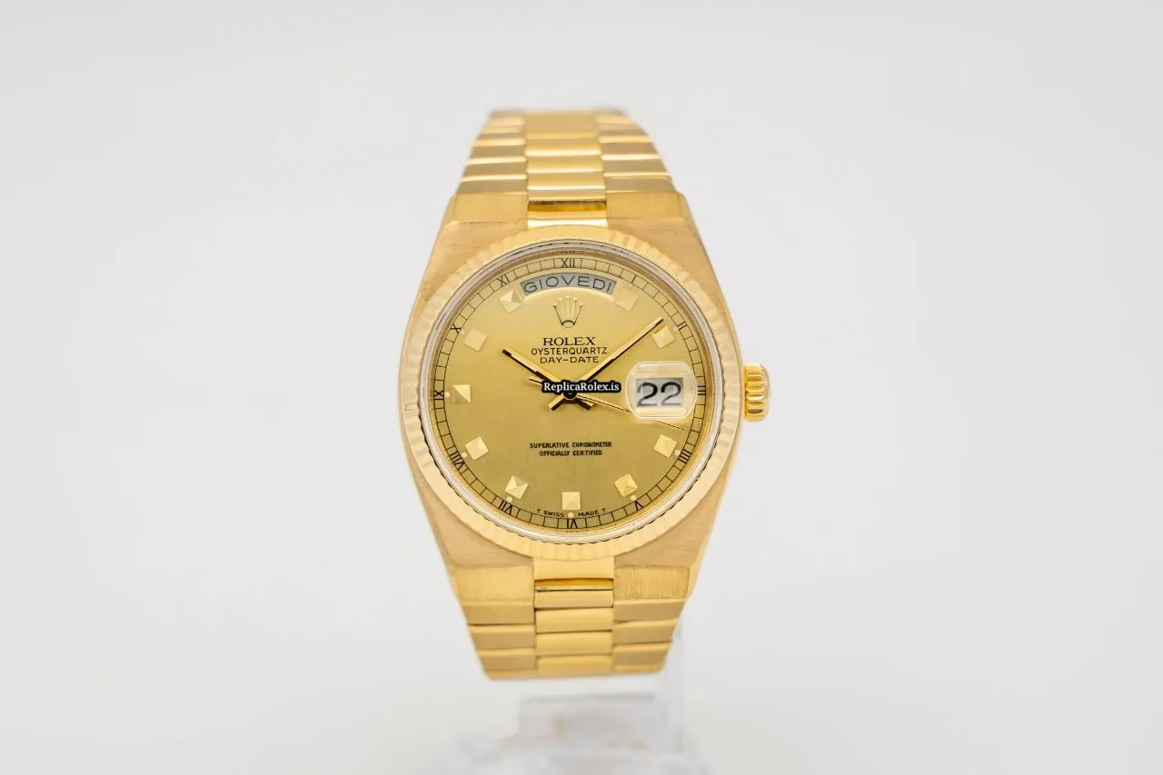 Quality Fake Rolex Day-date Oysterquartz 19018 Caliber 5055 Quartz Movement 36mm Yellow Gold Case Mens/unisex Watch - Image 3